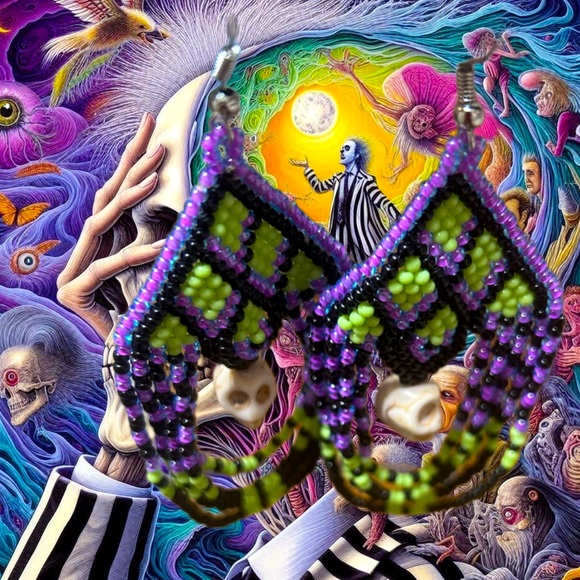 Handcrafted Beetlejuice Themed Howlite Skull Stone & Glass Bead Earrings - Picture 4 of 4